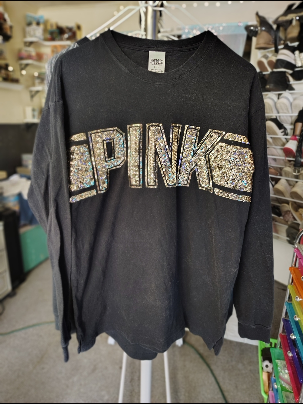 PINK Victoria's Secret Black Long-Sleeve Tee with Sparkle Logo